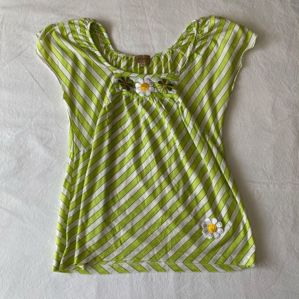 Ella Moss Green & White Striped Floral Embroidered Blouse